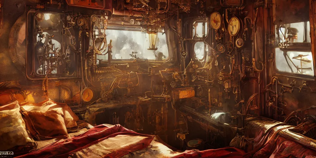 Image similar to steampunk train bedroom interior, colorful, contrast, depth of field, 3 d scene, render, greg rutkowski, zabrocki, karlkka, jayison devadas, trending on artstation, 8 k, ultra wide angle, zenith view, pincushion lens effect