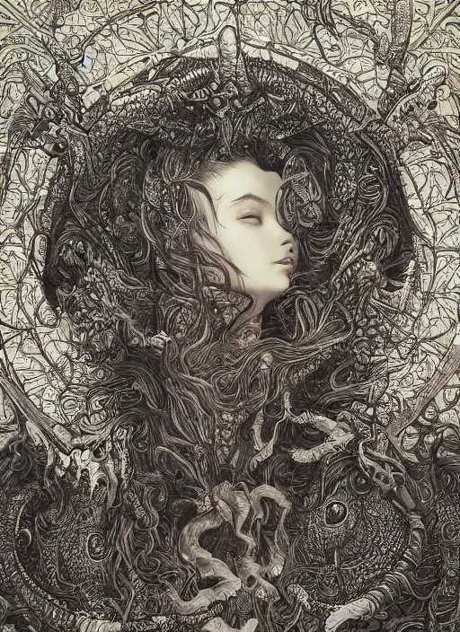 Image similar to highly detailed picture of great dragon, sketch, manga, edge of the universe, perfectly face, highly detailed, masterpiece, trending on artstation, golden ratio, cinematic romantic magical, perfect intricate highly detailed painting by gustave dore, by mucha alphonse, digital art