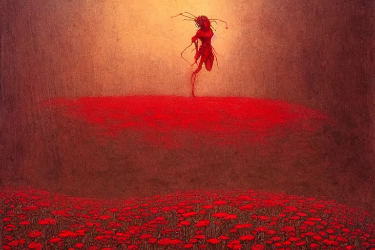 Image similar to only with red, red flowers of different types, a red tiger, a castle in the background, medieval demons dance over the flowers, an ancient path, in the style of beksinski, part by hopper, part by rodcenko, part by hofbauer, intricate composition, red by caravaggio, insanely quality, highly detailed, masterpiece, red light, artstation