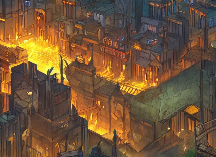 Image similar to wide establishing shot of a dungeons and dragons battle map of a modern city, dynamic composition, dramatic lighting, trending on artstation, digital art, stylized painting