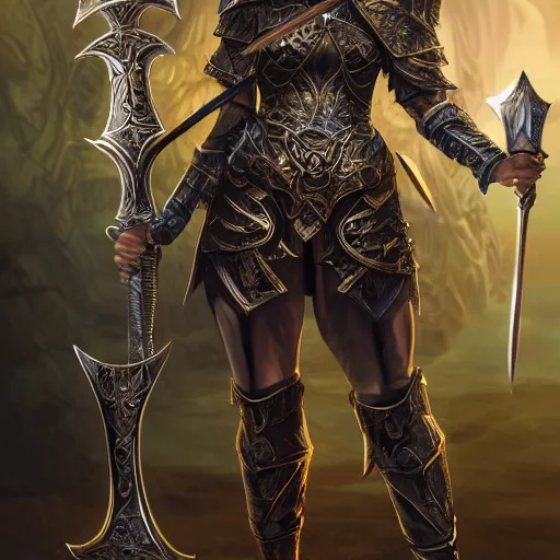 Prompt: a fantasy warrior woman with sword drawn and in hand, shield in the other hand in a heroic pose, beautiful exaggerated ornate armor with gem embedded in the center, cinematic, magical energy emanating from it, high resolution