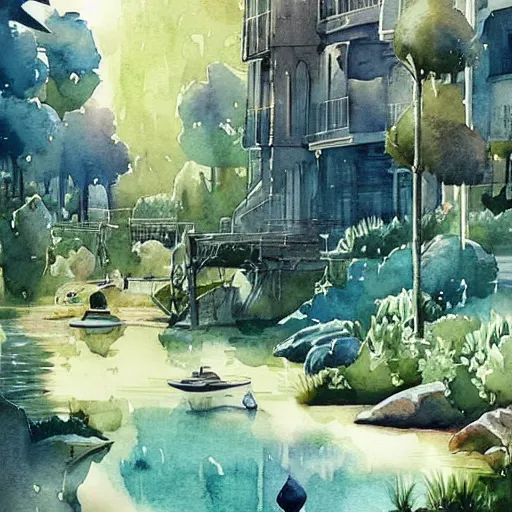 Image similar to Beautiful happy picturesque charming sci-fi town in harmony with nature. Beautiful light. Water and plants. Nice colour scheme, soft warm colour. Beautiful artistic watercolor by Lurid. (2022)