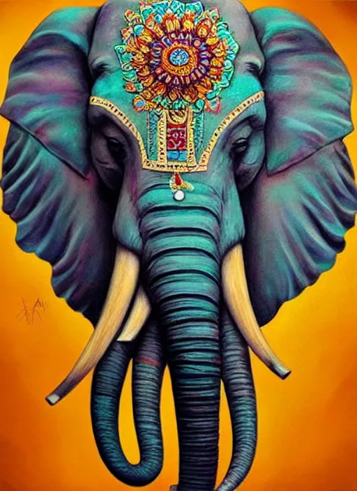 Prompt: ethereal elephant with indian flag colors painted on its face, intricate detail, ornate, conceptual art, soft light, dynamic, art by artgerm