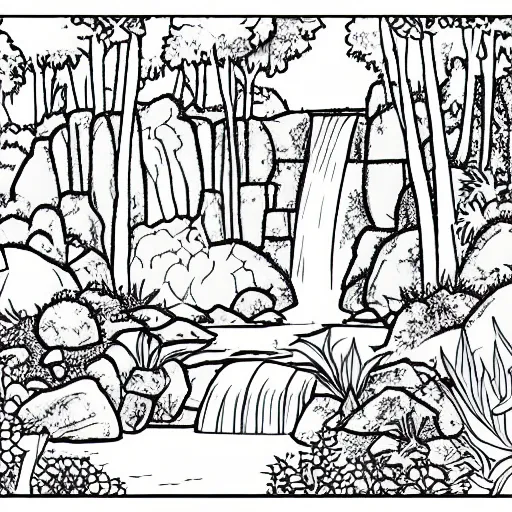 Image similar to an adult coloring page of a waterfall in the enchanted forest