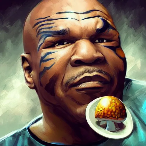 Image similar to mike tyson hungrily reaching into a bowl full of magic mushrooms, artgerm, artstation