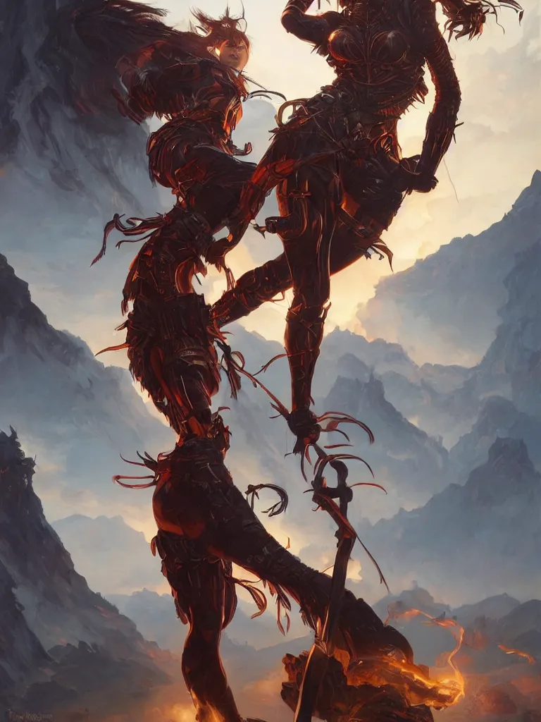 Prompt: An epic fantasy portrait painting of a spider-legged warrior woman with hair spikes standing in front of a volcano eruption, illustration, detailed, award-winning, trending on artstation, by artgerm and Greg Rutkowski and Alphonse Mucha