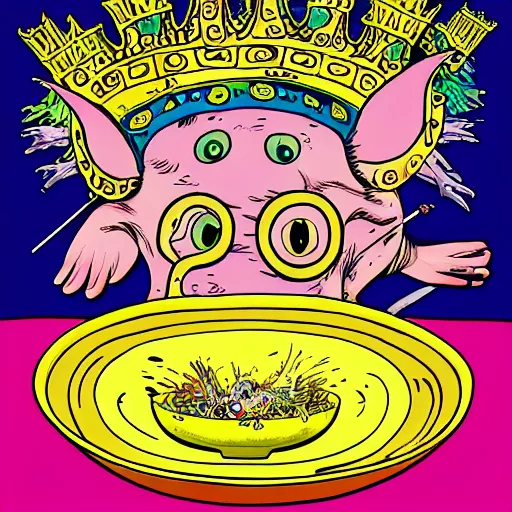 Image similar to trippy comic art of a pig wearing a gold crown eating out of an empty bowl, drawn by Martin Rowson, Tim Burton, Studio Ghibli, Alex Pardee, Nekro Petros Afshar, James McDermott, colors by lisa frank, unstirred paint, vivid color, cgsociety 4K