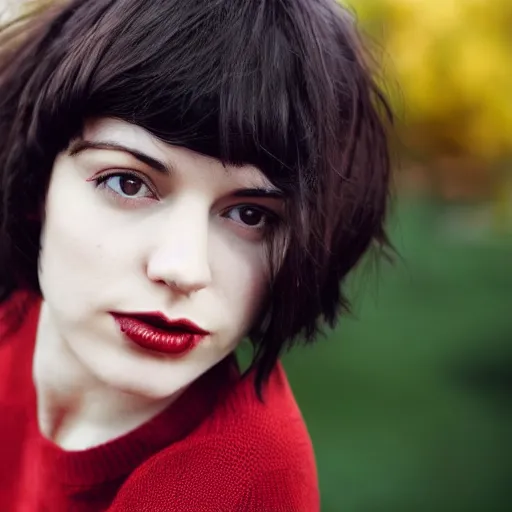 Prompt: a photo of a young woman with short wavy black hair. moody and melanchonic. with a little bit of red and yellow