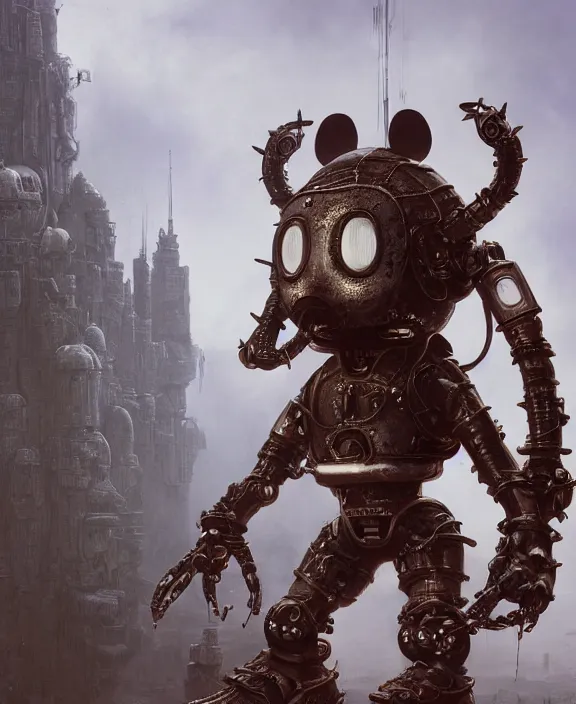 Image similar to a cybernetic mickey mouse with spiked armour, by hr giger and beksinski and stephan martiniere, 4 k resolution, detailed, 3 d render, unreal engine, octane render, trending on artstation