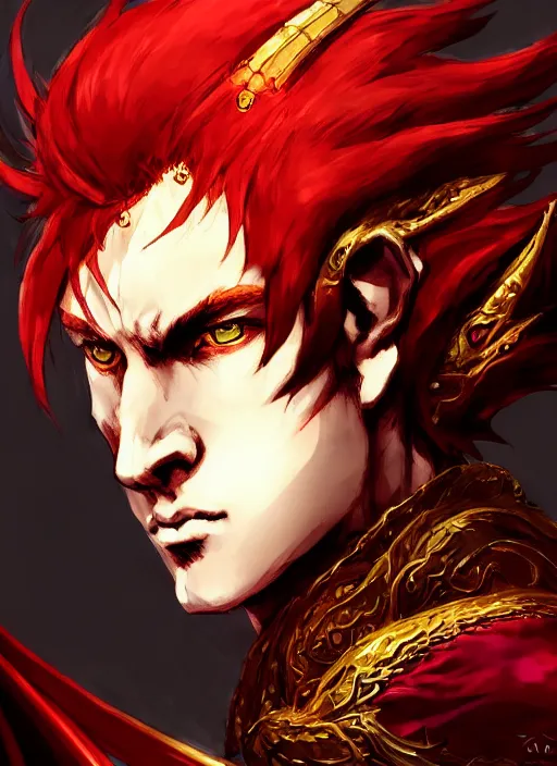 Image similar to Half body portrait of a handsome young red haired elven monk prince with dragon eyes, staff and red and golden ornate dragon robe. In style of Yoji Shinkawa and Hyung-tae Kim, trending on ArtStation, dark fantasy, great composition, concept art, highly detailed.