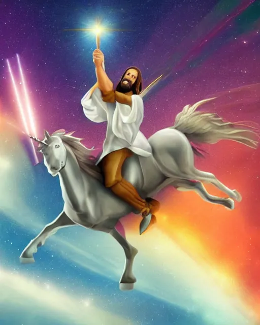 Prompt: Stylized Artistic Render of Jesus flying a unicorn through space while shooting lasers out of his eyes