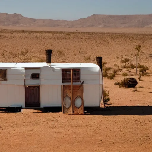 Image similar to a scenography of an old circus caravan in the middle of a desert.