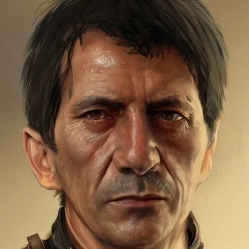 Image similar to Portrait of a man by Greg Rutkowski, he is about 60 years old, short black hair with bangs, his features are a mix between French, Turkish and Russian, expression of contempt, sorrow and resignation, he is wearing a futuristic tactical gear, highly detailed portrait, digital painting, artstation, concept art, smooth, sharp foccus ilustration, Artstation HQ.