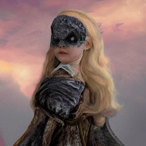 Prompt: Elle Fanning in the painted world of Dark Souls, head and shoulders masterpiece, apocalypse, golden hour, cosmic horror, artstation, in the style of Beatrix Potter, extremely detailed