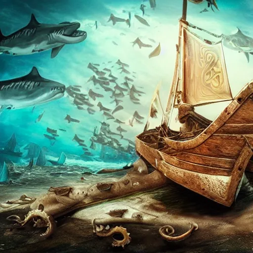 Prompt: vintage viking shipwreck surrounded by sharks and octopus, photorealistic, ultra-detailed, 4k high resolution, HDR shot, cinematic lighting