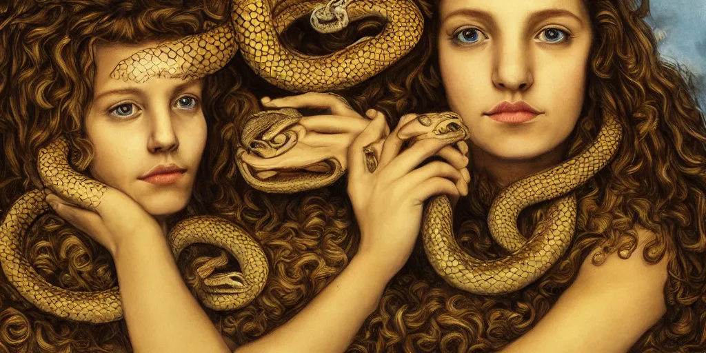 Image similar to realistic portrait of beautiful scylla with her snakes, golden, delicate, facing camera, hyper realism, 1 4 5 0, ink, ultra realistic, 8 k