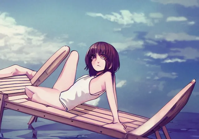 Prompt: A girl with short brown hair, wearing a white blouse, laying on a beach chair, drawn by WLOP, by Avetetsuya Studios, attractive character, colored sketch anime manga panel, trending on Artstation