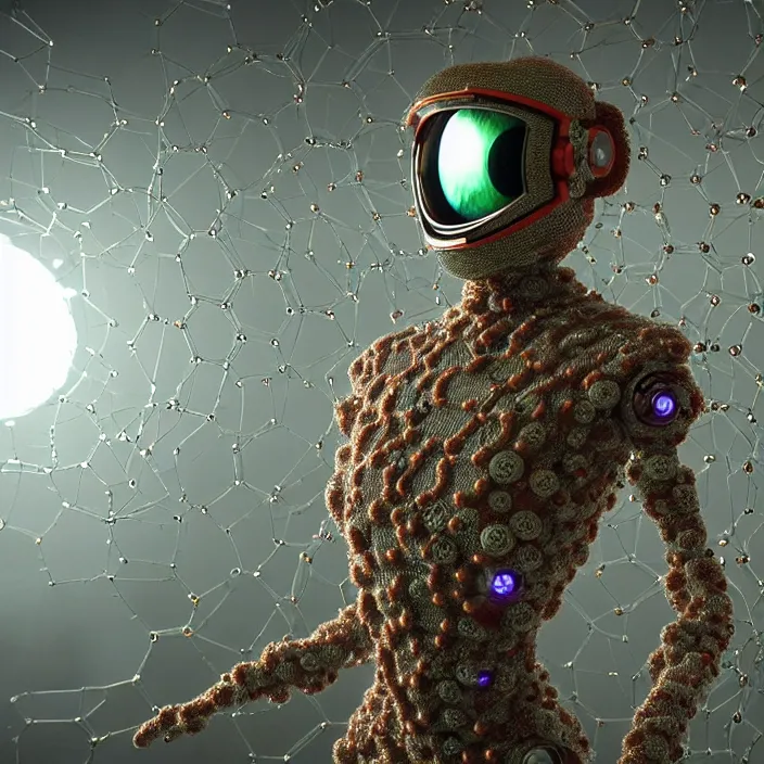 Image similar to a cybernetic symbiosis of a single astronaut mech-organic eva suit made of pearlescent wearing knitted shiny ceramic multi colored yarn thread infected with diamond 3d fractal lace iridescent bubble 3d skin dotted covered with orb stalks of insectoid compound eye camera lenses floats through the living room, film still from the movie directed by Denis Villeneuve with art direction by Salvador Dalí, wide lens,kevlar,carbon fiber,ceramics,gaseous materials,