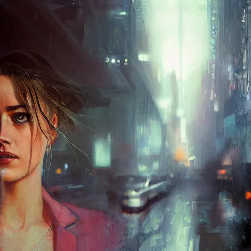 Image similar to hyperrealistic portrait of a woman as amber heard on a bladerunner street the art of elysium by jeremy mann and alphonse mucha, fantasy art, photo realistic, dynamic lighting, artstation, poster, volumetric lighting, very detailed faces, 4 k, award winning