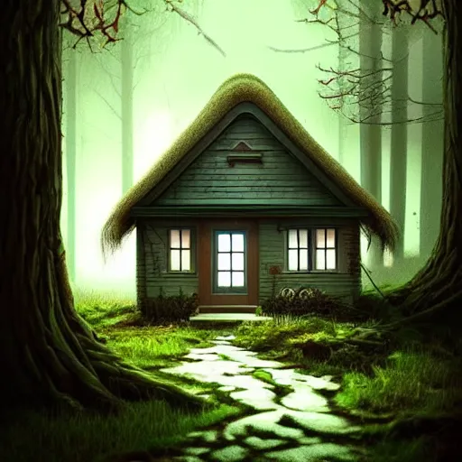 Image similar to a cottage in the woods with a notepad for front door, trending on artstation, detailed digital art, eerie thriller aesthetic!!!!,