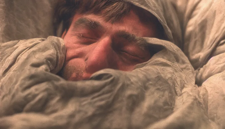 Image similar to 7 0 s movie still of a man in a cocoon, cinestill 8 0 0 t 3 5 mm eastmancolor, heavy grain, high quality, high detail