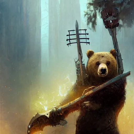 Prompt: realistic bear playing futuristic minimalistic axe-shaped guitar, fantasy character portrait by Greg Rutkowski, Craig Mullins, Gaston Bussiere