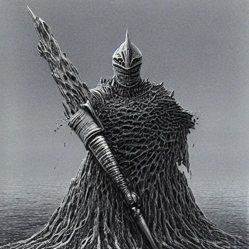 Prompt: patrick star as a dark souls boss by zdzisław beksinski