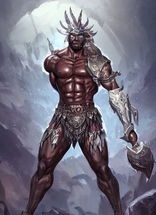 Image similar to a highly detailed illustration of berserker african god of lightning, muscular, intricate, elegant, highly detailed, centered, digital painting, artstation, concept art, smooth, sharp focus, league of legends concept art, WLOP