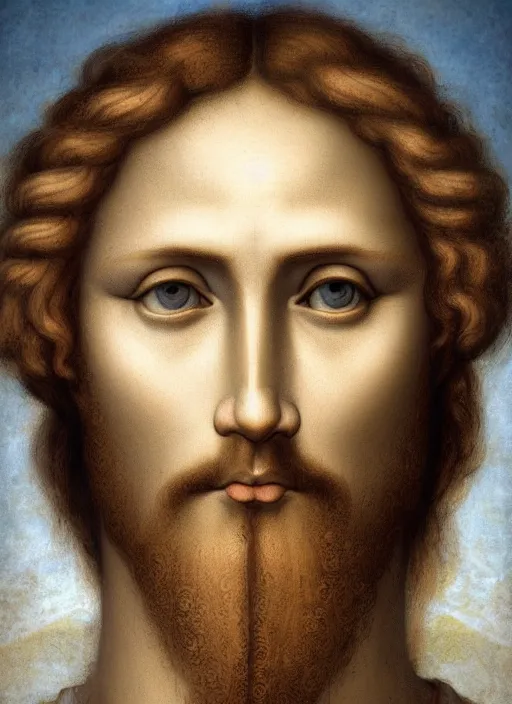 Prompt: jesus christ face, depiction of jesus, holy cross, 8 k, boticelli, an amazing portrait of jesus, leonardo da vinci, mattepainting, cryengine, artstation, heaven color scheme, holy lights