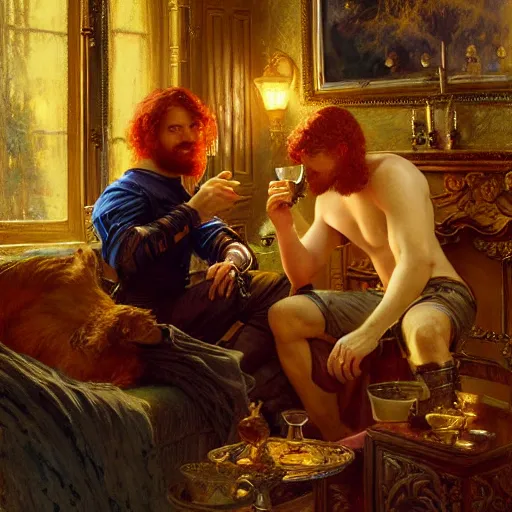 Image similar to attractive male mike with ginger hair and attractive male tyler with brunet hair, drinking their hearts out, in their noble mansion, at night. highly detailed painting by gaston bussiere, craig mullins, donato giancola, j. c. leyendecker 8 k