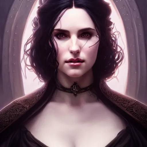 Image similar to portrait of Yennefer from the Witcher, D&D, fantasy, intricate, elegant, highly detailed, digital painting, artstation, concept art, matte, sharp focus, illustration, art by Artgerm and Greg Rutkowski and Alphonse Mucha