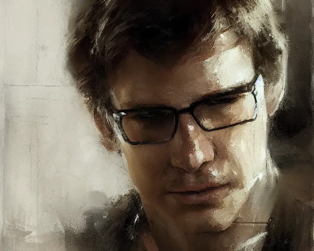 Image similar to portrait of young han solo young harrison ford in shades of grey but with brown by jeremy mann