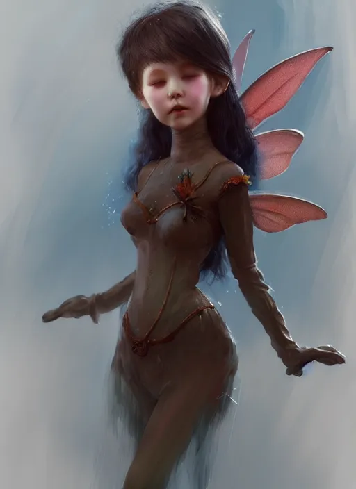 Image similar to high quality presentation photo of a detailed fairy doll, digital painting, artstation, illustration, concept art by hyung tae and frank frazetta, digital paint, matte paint, washed colors, dark, gloomy, foggy