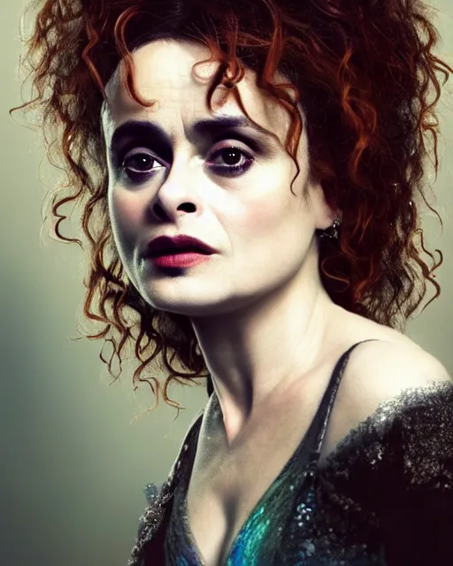 Image similar to Full potrait of Helena Bonham Carter as an angel, hyper realistic, prismatic highlights, atmosphere, gorgeous, depth of field, cinematic, macro, concept art, 50mm, artstation, wlop, elegant, epic, weta digital, focus, octane render, v-ray, 8k, kodak portra, art by Liberatore