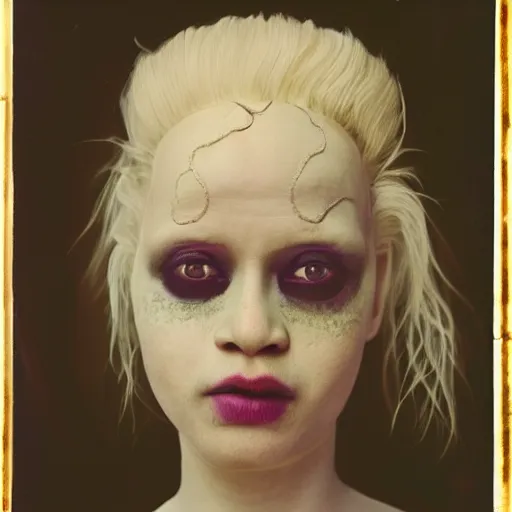 Image similar to realistic expired kodak film portrait of albino india woman tentacled creature mix, celestial, hyperrealism, hypermaxiymalism, photorealistic, detailed, atmospheric, 8 k, award winning photography, cinematic