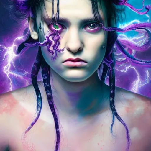 Image similar to detailed photo portrait of a furious teen girl with thin, hair-like purple tentacles on her head and bright purple eyes, 8k,by tristan eaton, Stanley Artgermm,Tom Bagshaw,Greg Rutkowski,Carne Griffiths,trending on DeviantArt, face enhance,hyper detailed ,full of colour, dramatic lightning