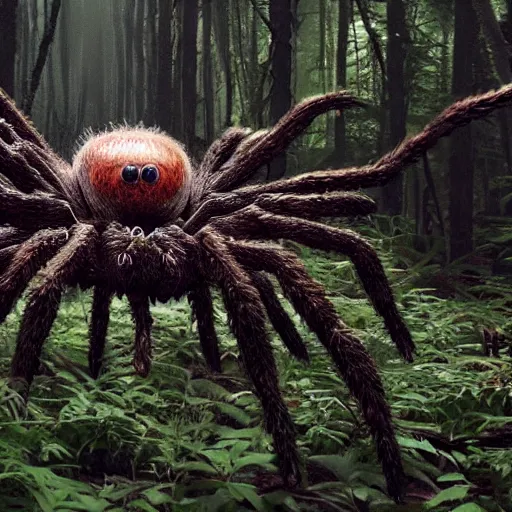 Prompt: a giant spider monster in a dark forest, super realistic, photo realistic, 8k, made by Guillermo del Toro