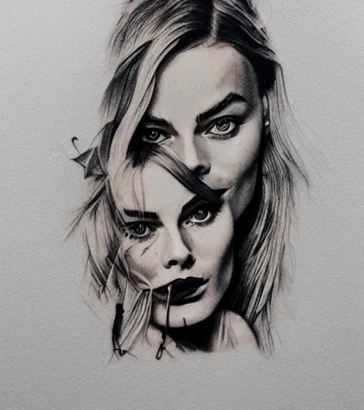 Image similar to tattoo design sketch of margot robbie and beautiful mountain scenery mash up, in the style of matyas halasz, surrealist, amazing detail, sharp