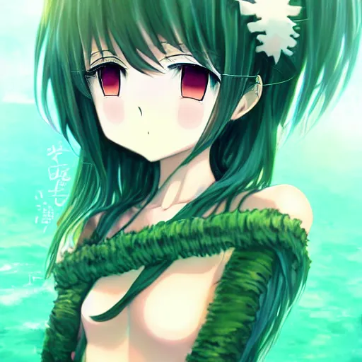 Image similar to anime girl wrapped in seaweed, anime art, trending on artstation, cute