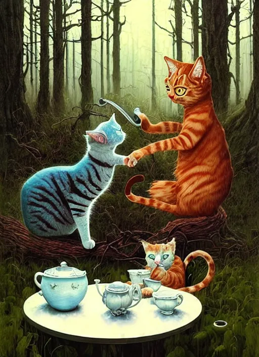 Prompt: cat having tea with a witch in the woods gorgeous lighting, lush forest foliage blue sky a hyper realistic painting by chiara bautista and beksinski and norman rockwell and greg rutkowski weta studio, and lucasfilm