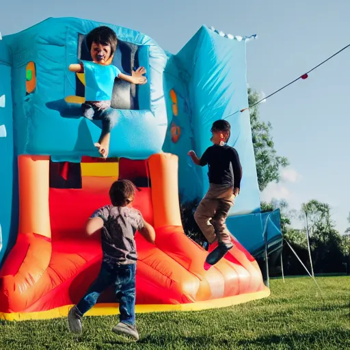 Image similar to photo of a 1 2 foot high big foot on a jumping castle with scared children