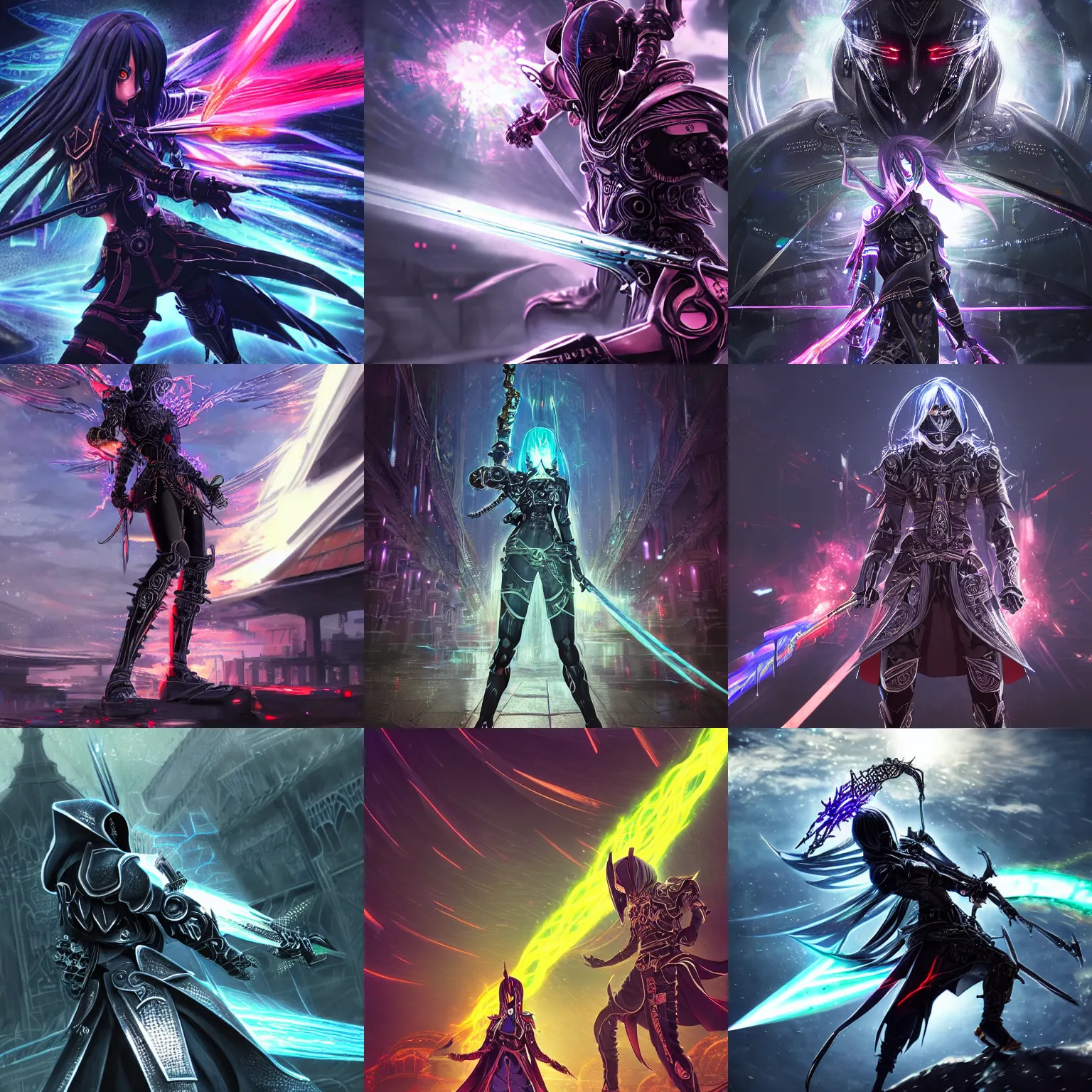 Prompt: Powerful intricate ornate cybernetic dark hooded assassin sword fighting the warrior god of chaos, beautiful high quality realistic anime CGI from Makoto Shinkai, fantasy, detailed, iridescent, technological, gothic influence, royal, colorful, epic, explosions of power, smoke, thunderous battle, fluorescent colors, epic, futuristic, intricate, dark, sparkling, megastructure in the background, water, smooth anime CG art, iridescent, animation, in the style of Makoto Shinkai