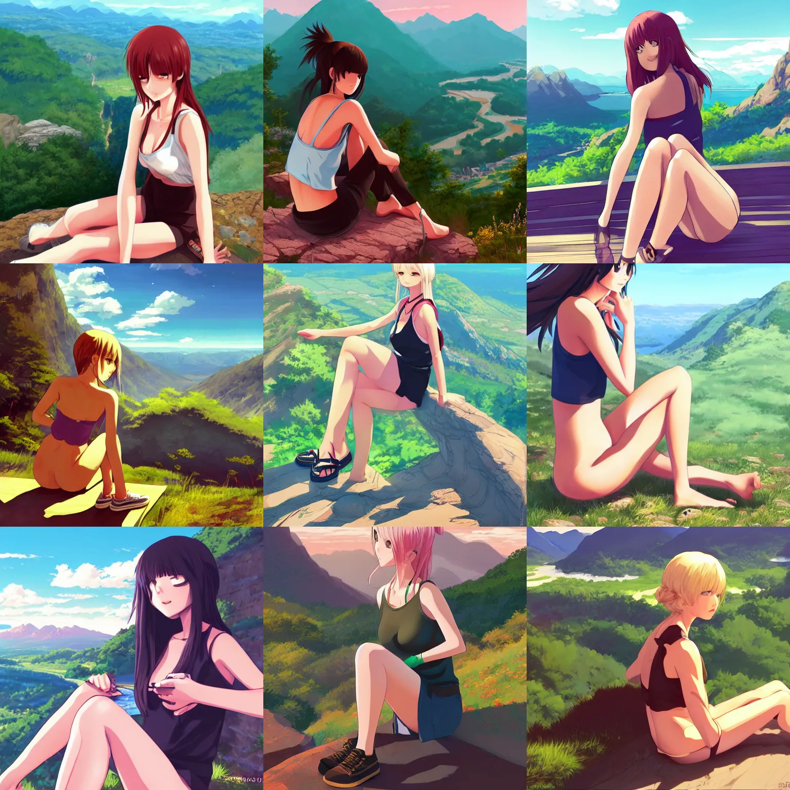 Prompt: sexy girl with long hair wearing a shorts and a low cut tanktop, sitting down, scenic view, mountain landscape, artstyle : high definition anime and ilya kuvshinov