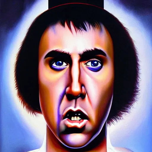 Prompt: a realistic painting of Nicolas Cage starring in a Clockwork Orange by Jason Edmiston,