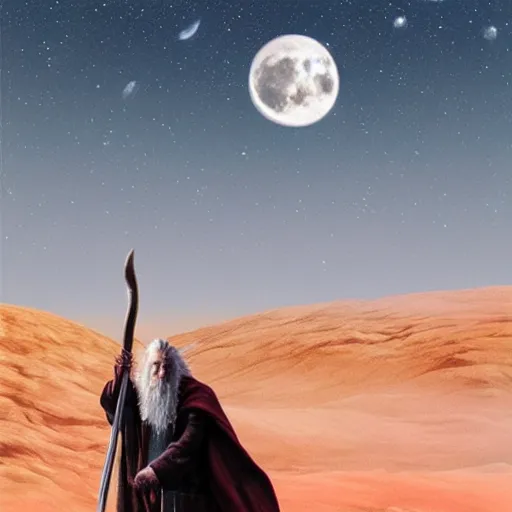 Image similar to a realistic image of gandalf in mars under a full moon