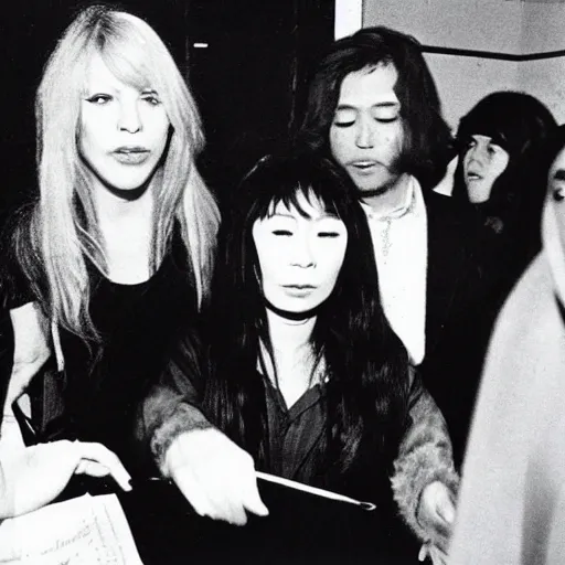 Prompt: courtney love plotting with yoko ono to steal the u. s. constitution, heist, conspiracy, 1 9 6 9 photo, newspaper