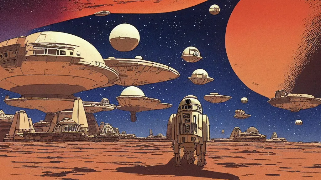 Image similar to wide shot tatooine landscape Star Wars a new hope 1977 studio ghibli Miyazaki animation highly detailed 70mm