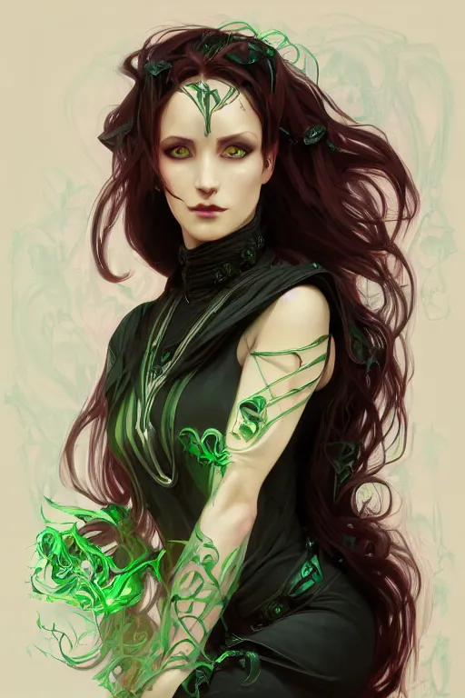 Image similar to portrait of a dark fantasy seductive female necromancer, stylish black dress, green eyes, long red hair, fantasy, elegant, intricate, full frontal shot, highly detailed, digital painting, artstation, concept art, sharp focus, illustration, art by artgerm and greg rutkowski and alphonse mucha
