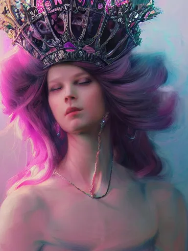 Image similar to pink portrait of beautiful female angel queen Lisa head wearing shiny pink crown, subtle purple accents, hyper details, black metal rococo, sculpted by Alex Alice, Craig Mullins, yoji shinkawa, trending on artstation, beautifully lit, Peter mohrbacher, hyper detailed, insane details, intricate, elite, elegant, luxury, ray of light through smoke, CGsociety, hypermaximalist, blackpink, golden ratio, volumetric, octane render, weta digital, micro details, 3d sculpture