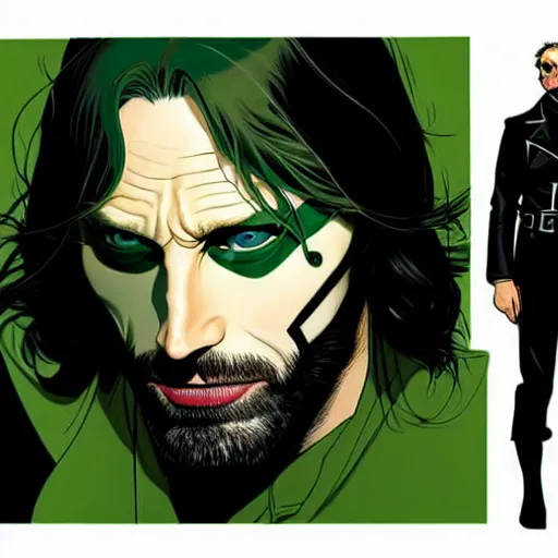 Prompt: Joshua Middleton comic art, wide shot, handsome elegant male Mads Mikkelson, spy, kabuki mask, beautiful evil sneer, symmetrical face, symmetrical eyes, leather clothing and boots, long straight green black hair, full body, Indigo occult pattern